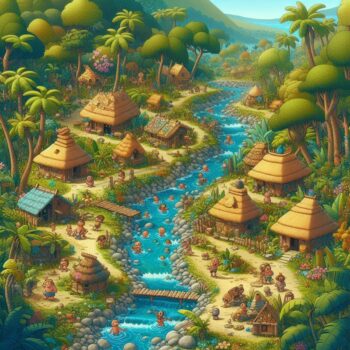 MENEHUNE - A forest village with a stream running through it filled with happy villagers. (Copilot)